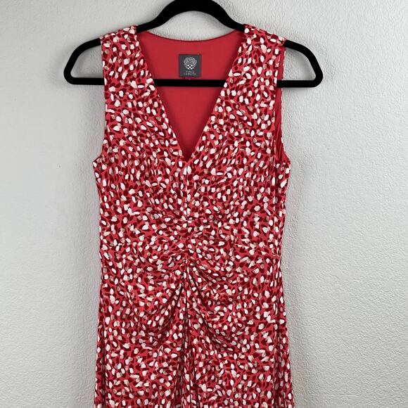 Vince Camuto Red Multi Printed Ruched Front Sleeveless V-Neck Midi Dress 6 NWOT - Picture 4 of 13